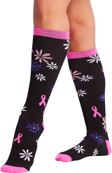 Women's 8-12 mmHg Pink Ribbon Garden Print Support Sock, , large
